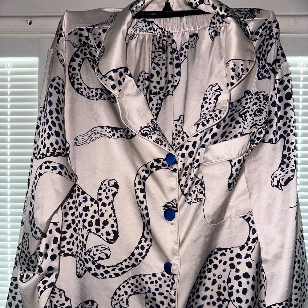 Leopard Print Satin Blazer PJ’s with Blue Accents